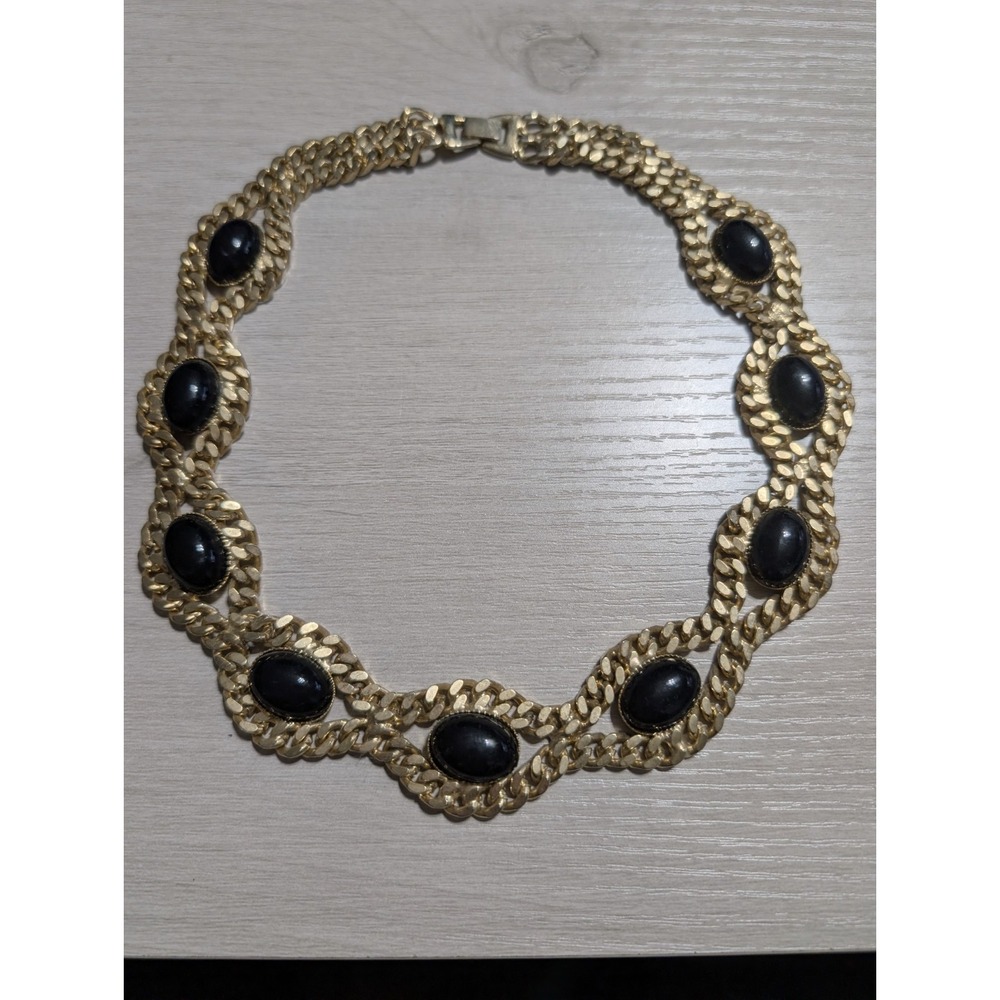 Vintage Y2K Gold Tone Chain Necklace Black Cabochon Statement 80s Chunky Collar